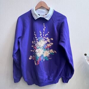 Vintage Hanes Women Sz Large Purple Grandma Floral Pullover Sweatshirt USA Made